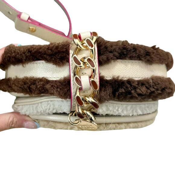 See By Chloe Mara Shearling Sherpa Leather Brown Cement Beige Small Saddle Bag - Picture 12 of 16